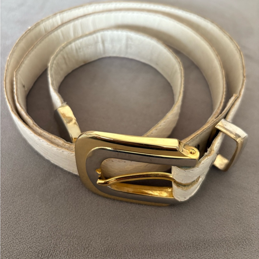 Elegant White and Gold Women's Belt Genuine snakeskin front leather like back